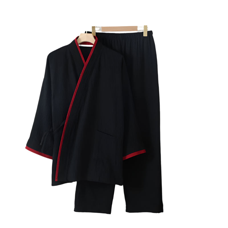 Black Cotton Crepe Kimono Pajama Set