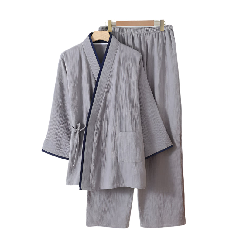 Gray Cotton Crepe Kimono Pajama Set