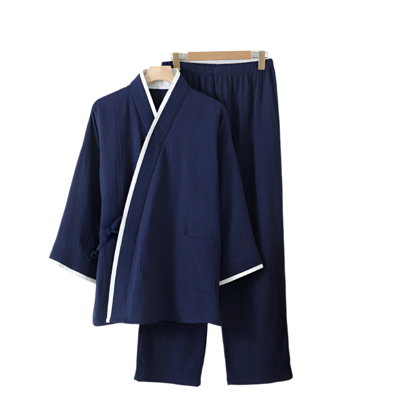 Navy Cotton Crepe Kimono Pajama Set