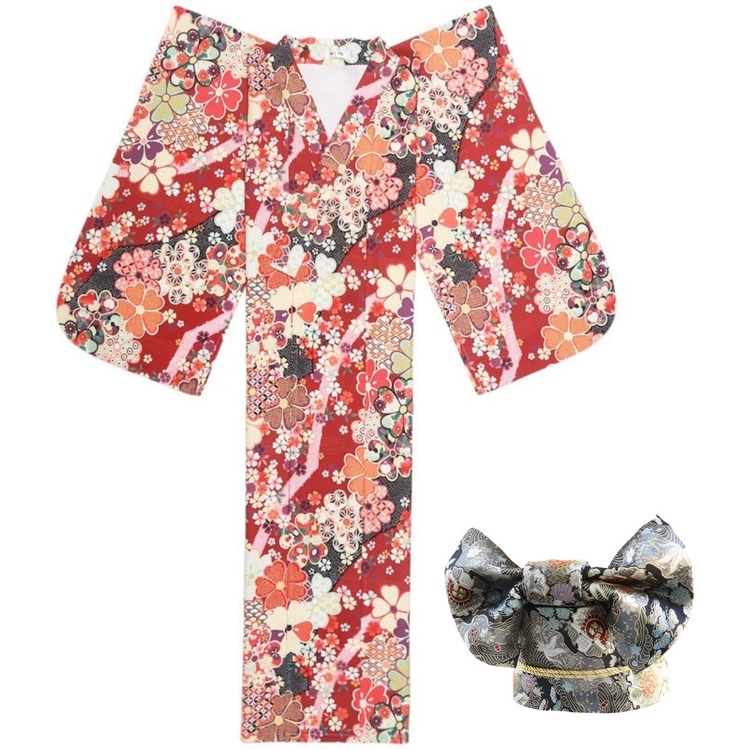 Women Red Blossom Yukata and Obi Belt Set