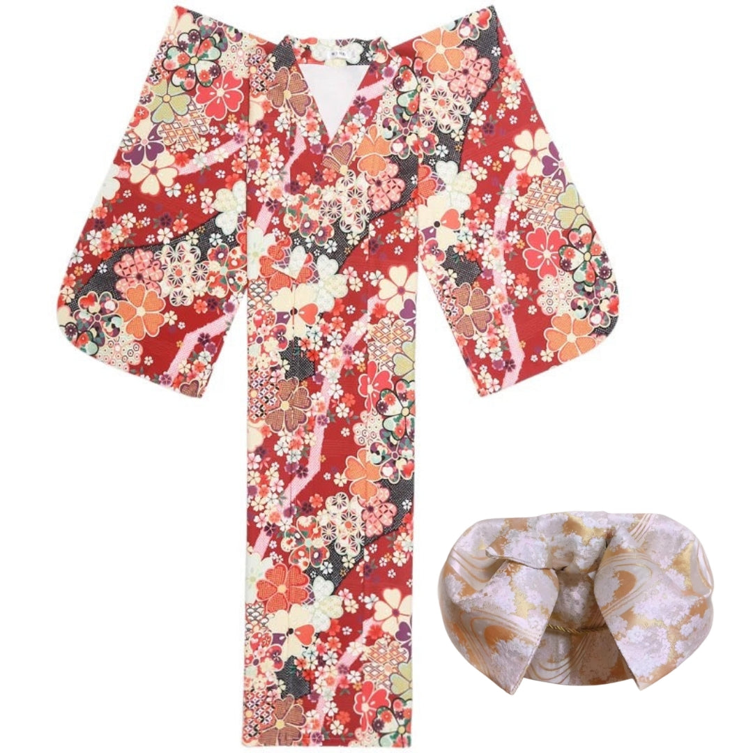 Women Red Blossom Yukata and Obi Belt Set