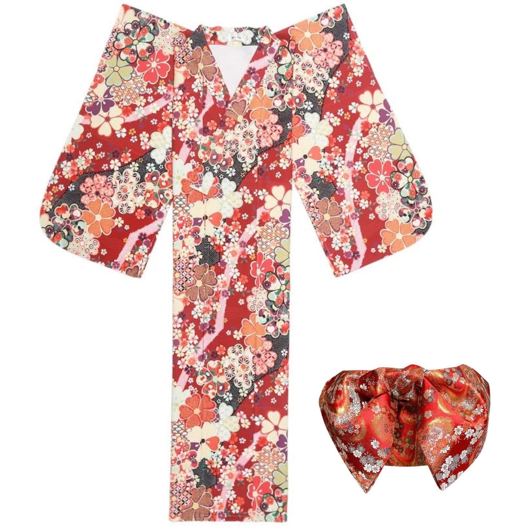 Women Red Blossom Yukata and Obi Belt Set