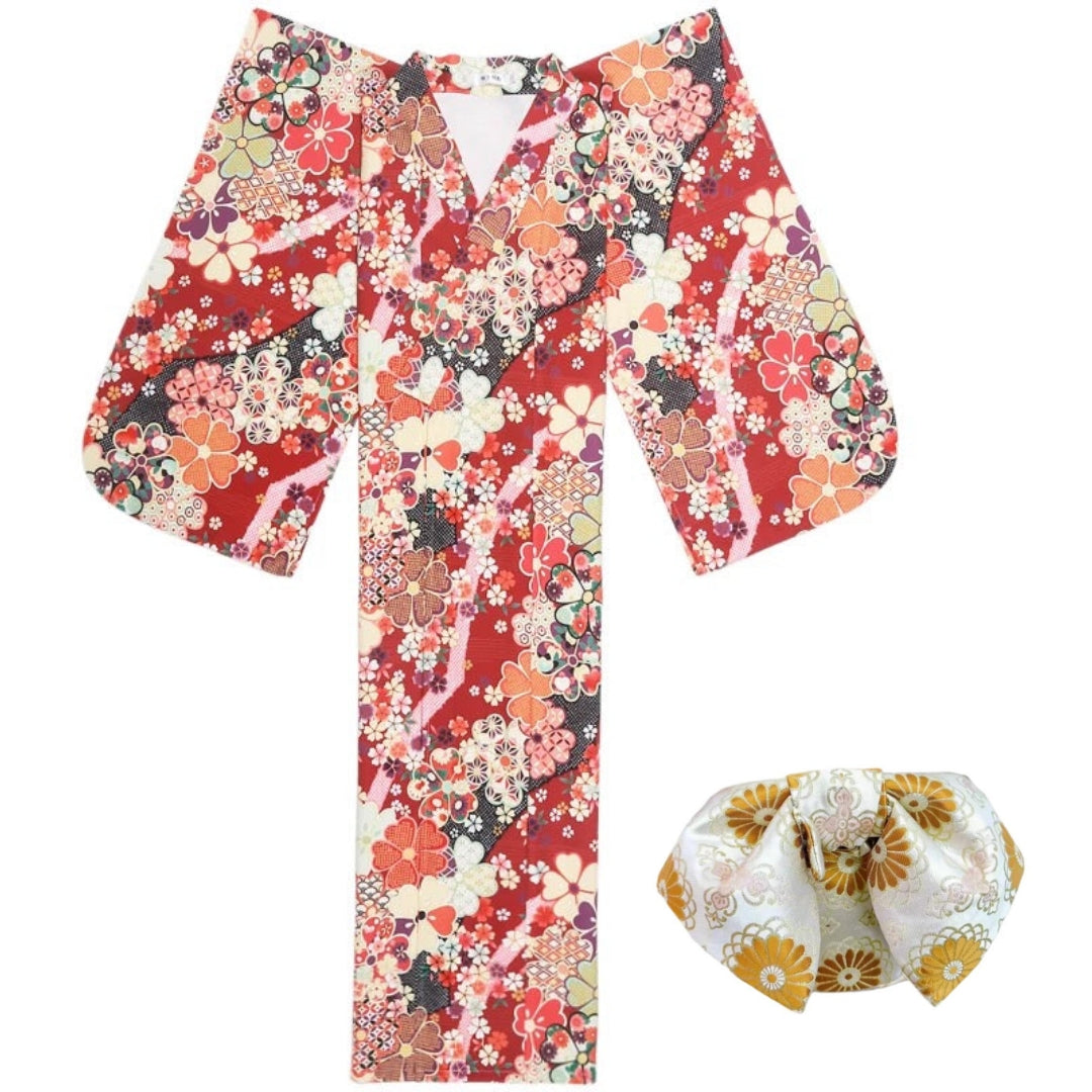 Women Red Blossom Yukata and Obi Belt Set