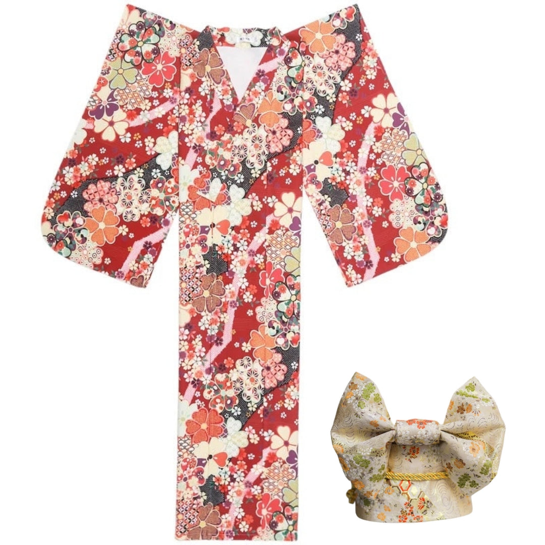 Women Red Blossom Yukata and Obi Belt Set