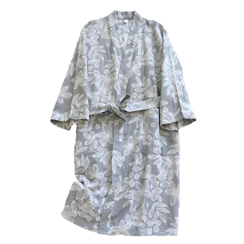 Grey Blossom Leaf Double Gauze Yukata Bathrobe