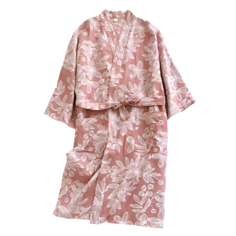 Pink Blossom Leaf Double Gauze Yukata Bathrobe