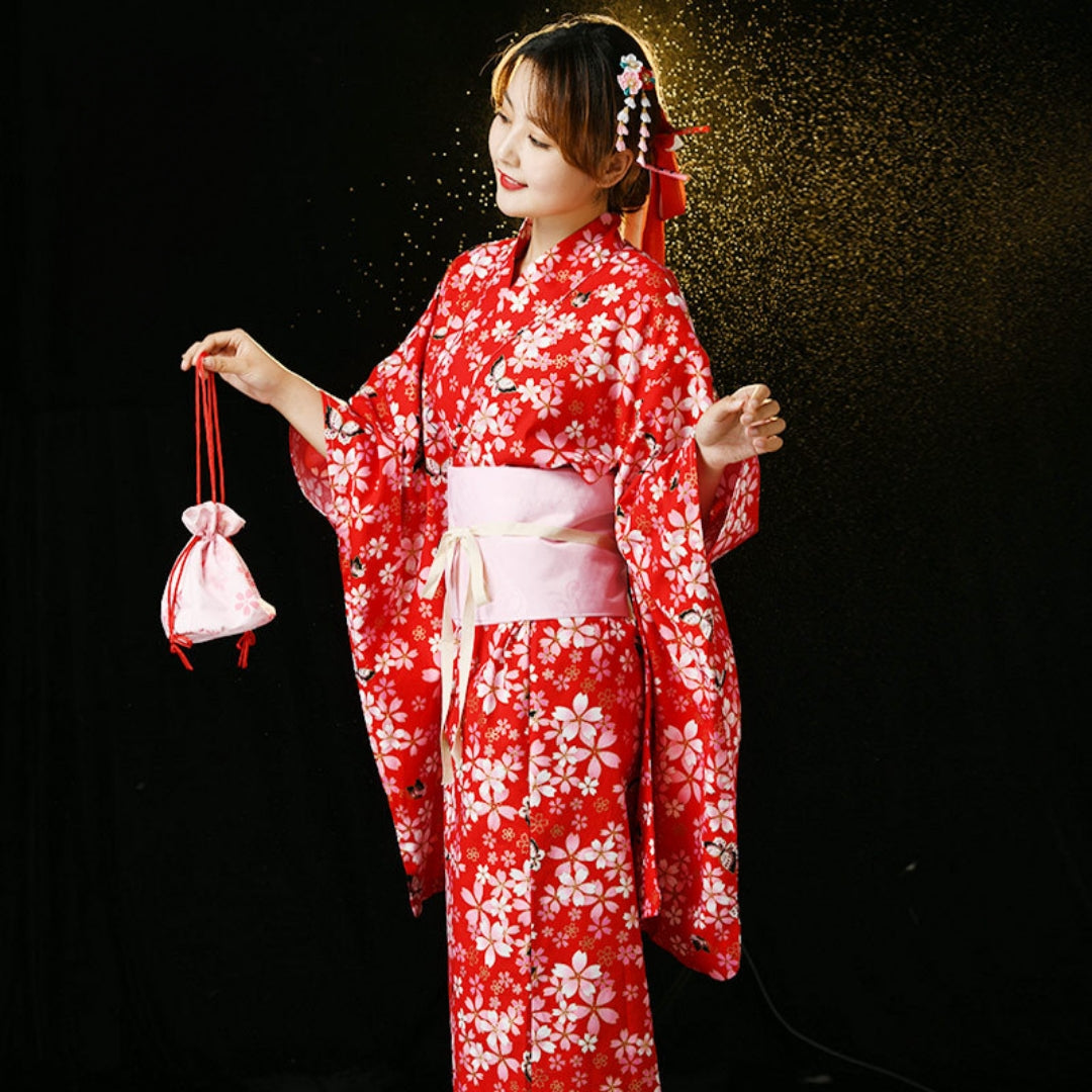 Women Butterfly & Sakura Love Yukata and Obi Belt Set