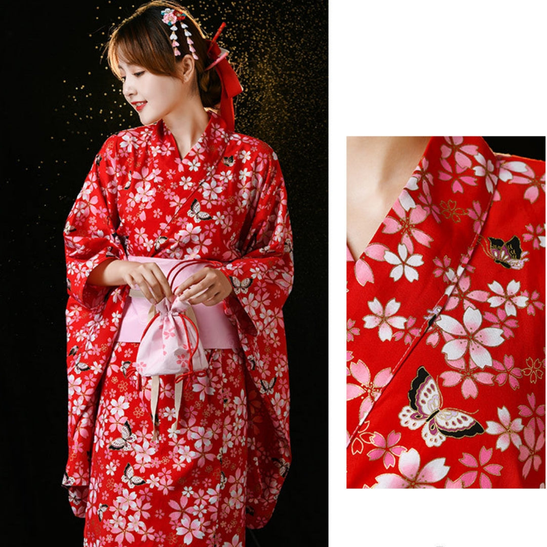 Women Butterfly & Sakura Love Yukata and Obi Belt Set