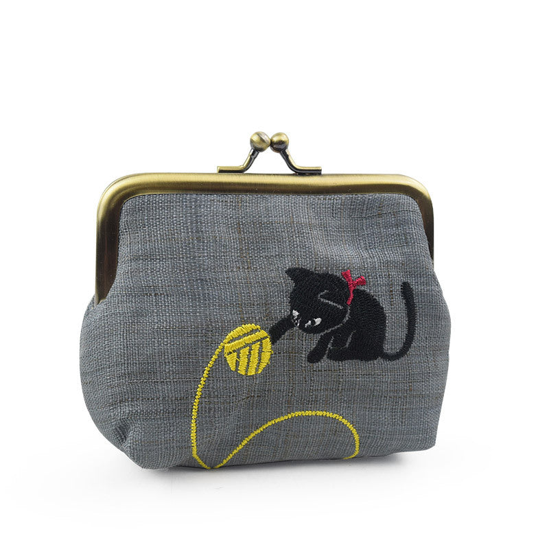 Grey Embroidery Cat Linen Coin Purse