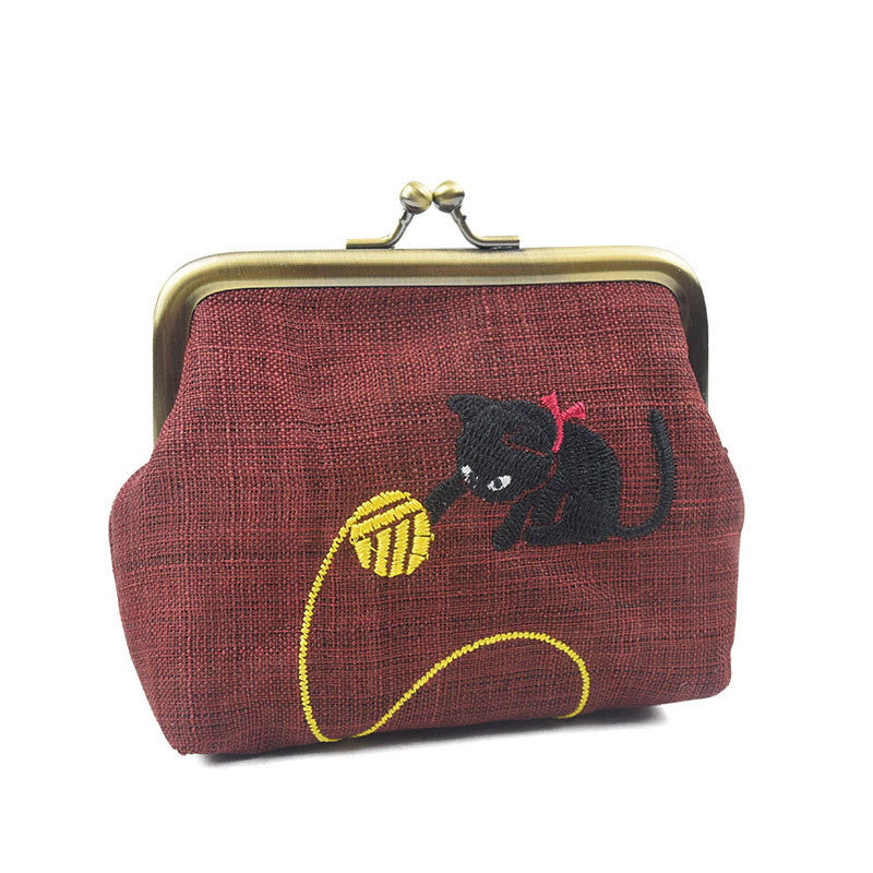 Red Embroidery Cat Linen Coin Purse