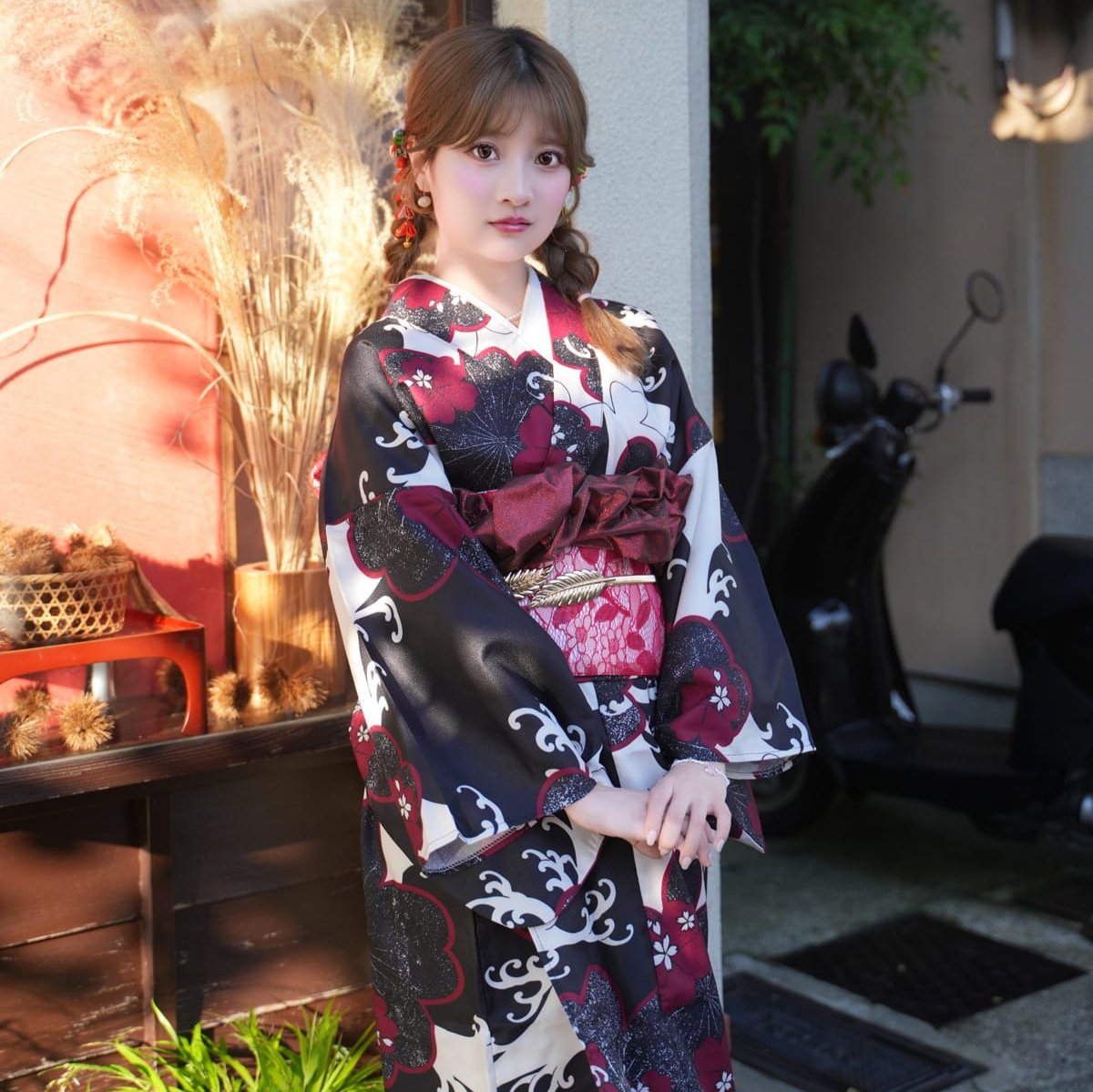 Women Crimson Sakura Wave Yukata and Obi Belt Set