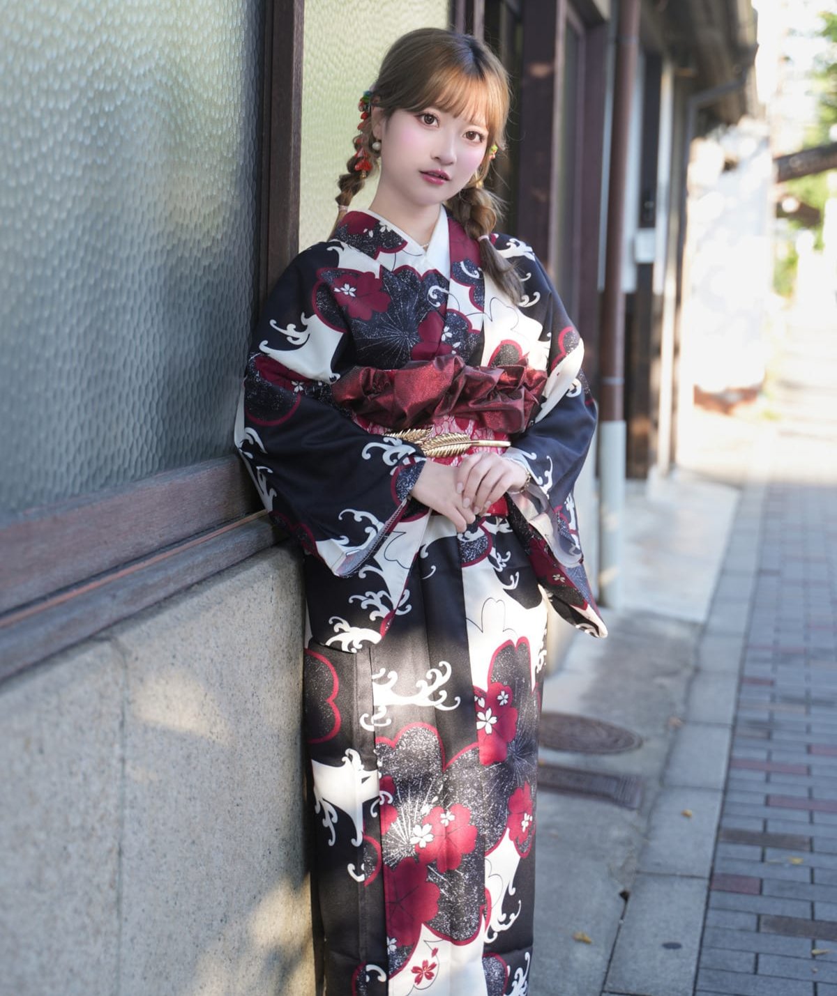 Women Crimson Sakura Wave Yukata and Obi Belt Set