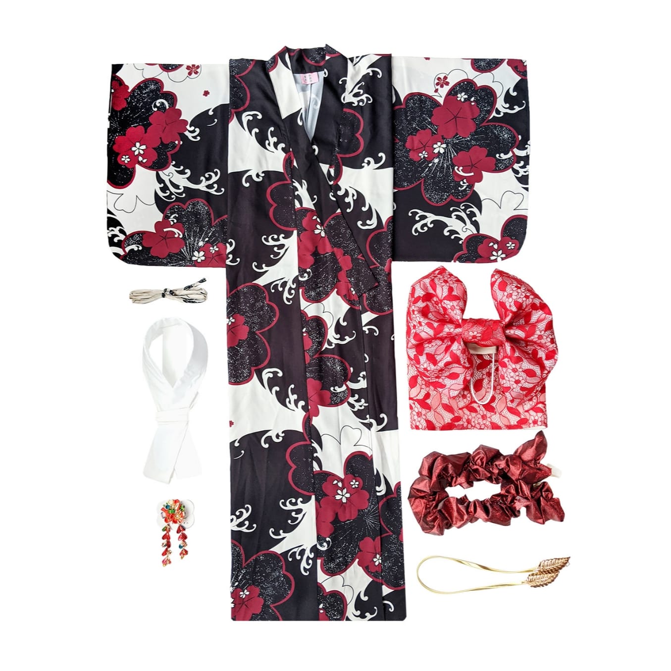 Women Crimson Sakura Wave Yukata and Obi Belt Set