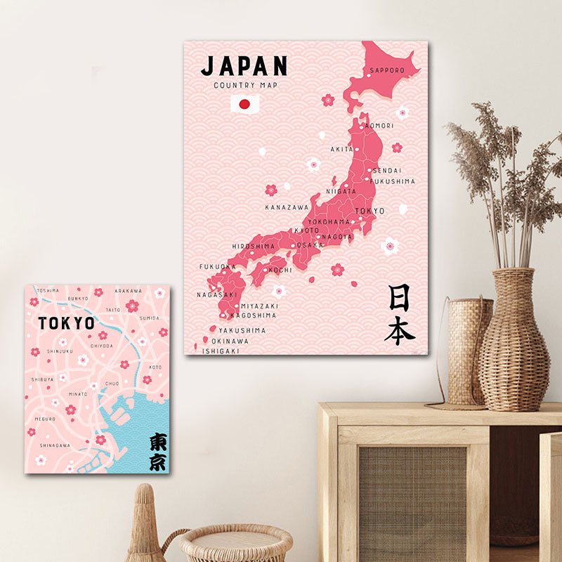 Canvas Printed Pink Japan Map Painting