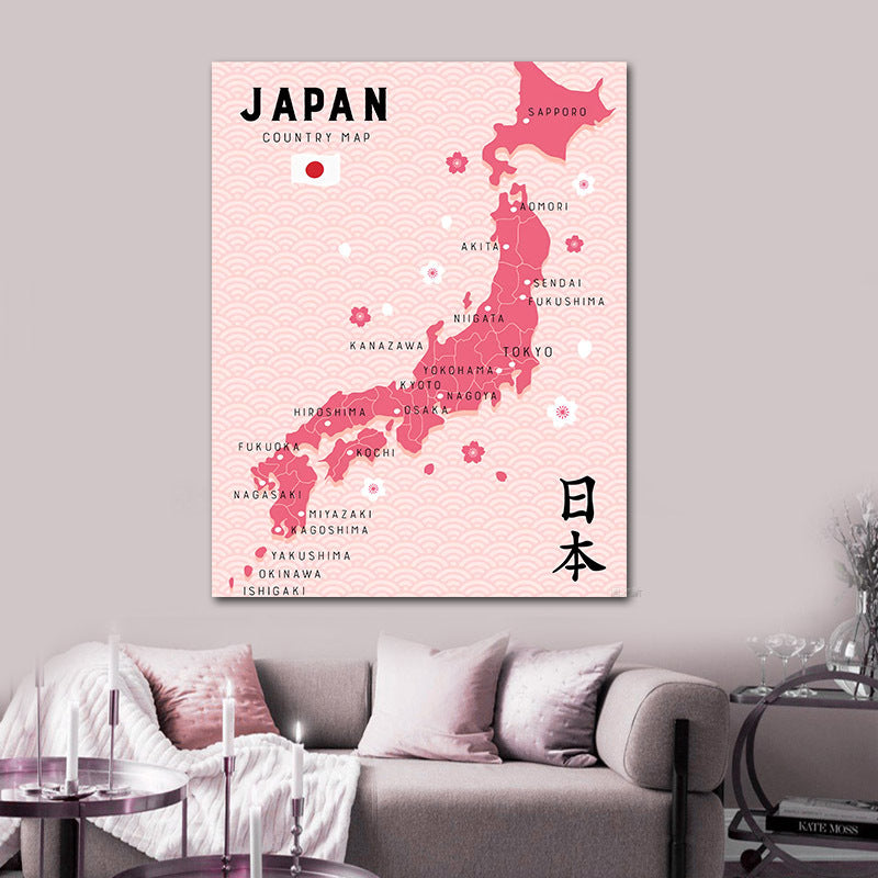 Canvas Printed Pink Japan Map Painting