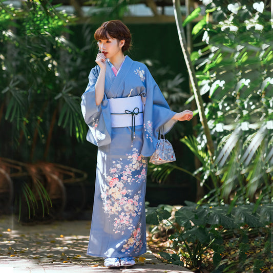 Women Morandi Blue Yukata and Obi Belt Set