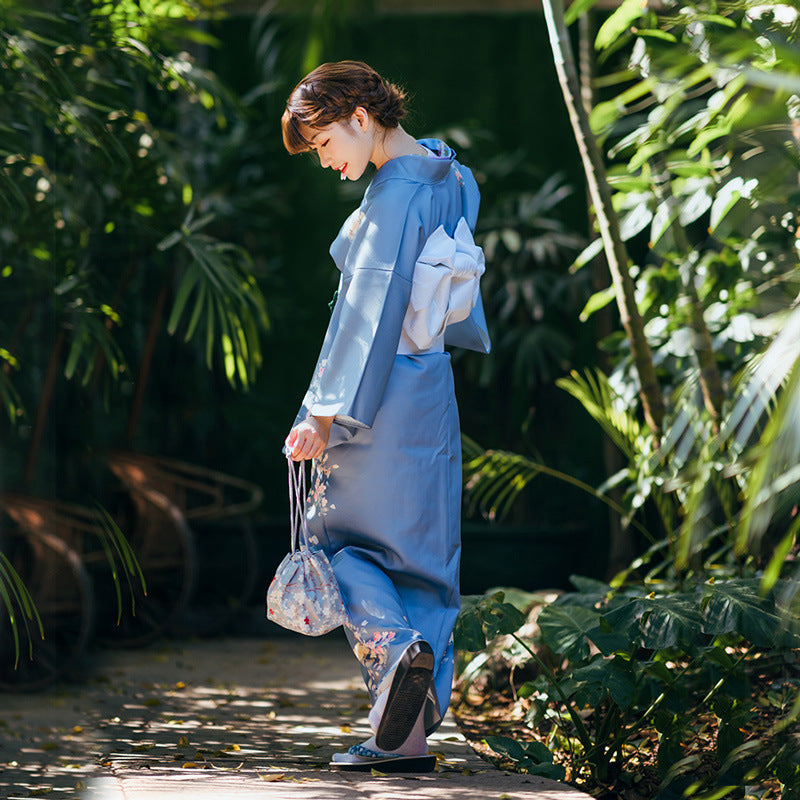 Women Morandi Blue Yukata and Obi Belt Set