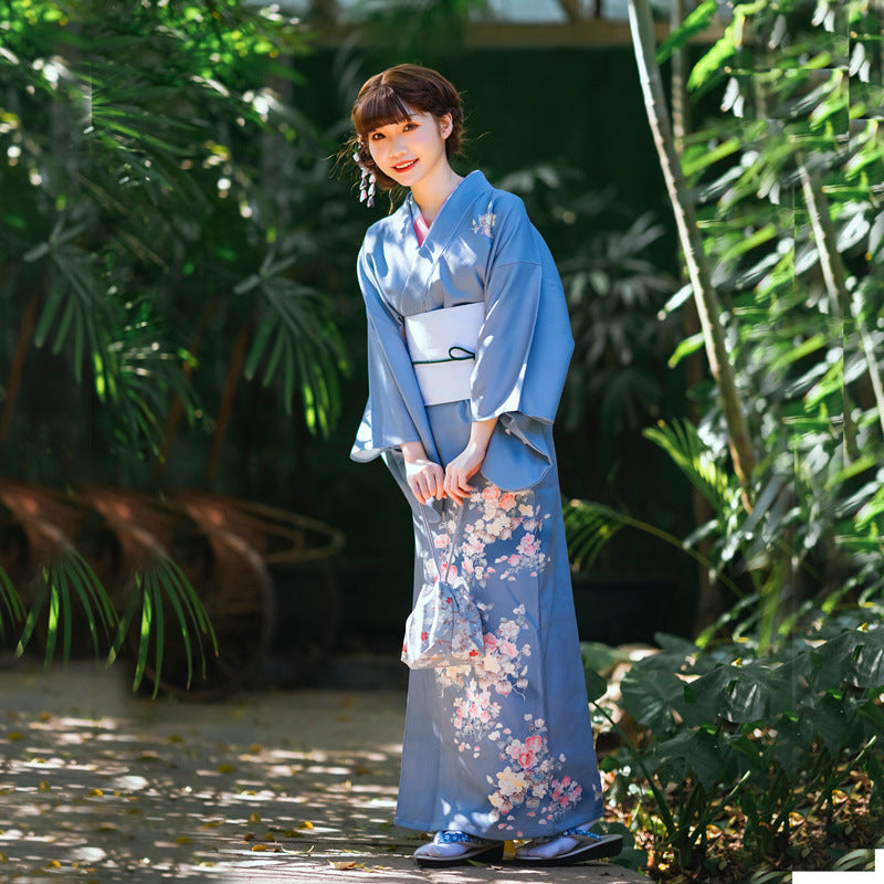 Women Morandi Blue Yukata and Obi Belt Set