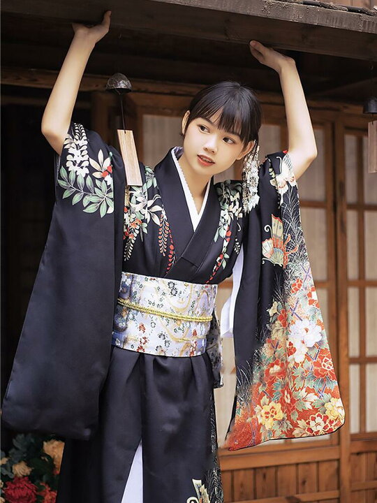Women Butterfly & Blossom Yukata Robe and Obi Belt Set