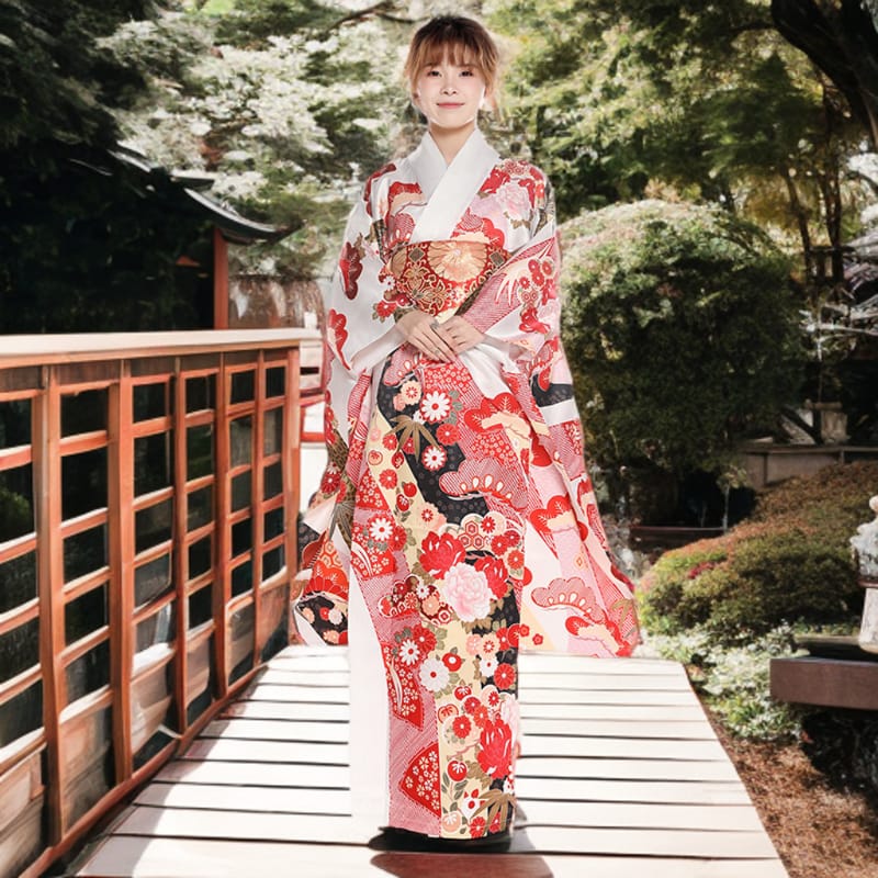 Women Sakura Fan Yukata and Obi Belt Set