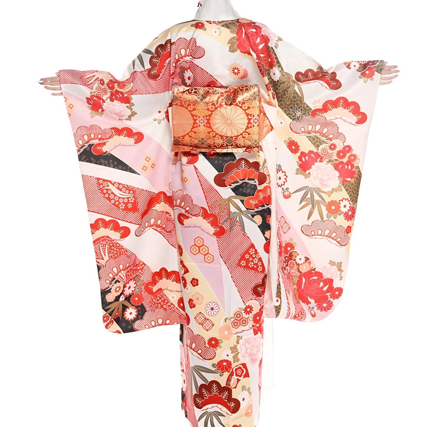 Women Sakura Fan Yukata and Obi Belt Set