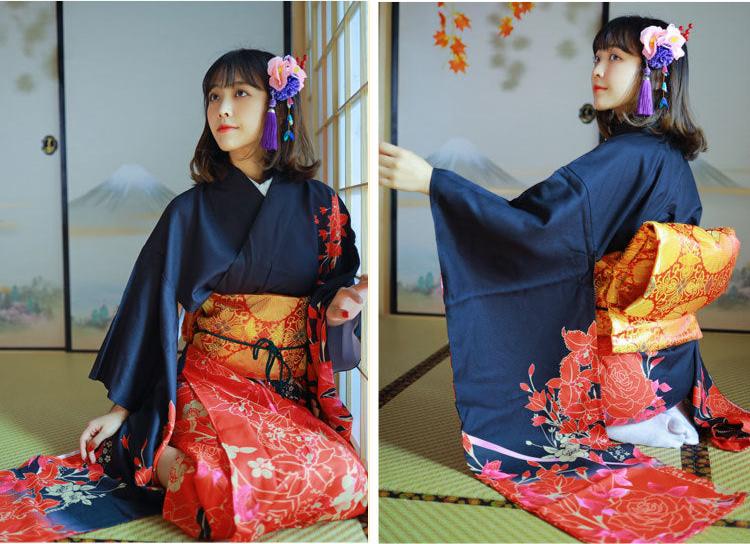 Women Scarlet Yukata and Obi Belt Set