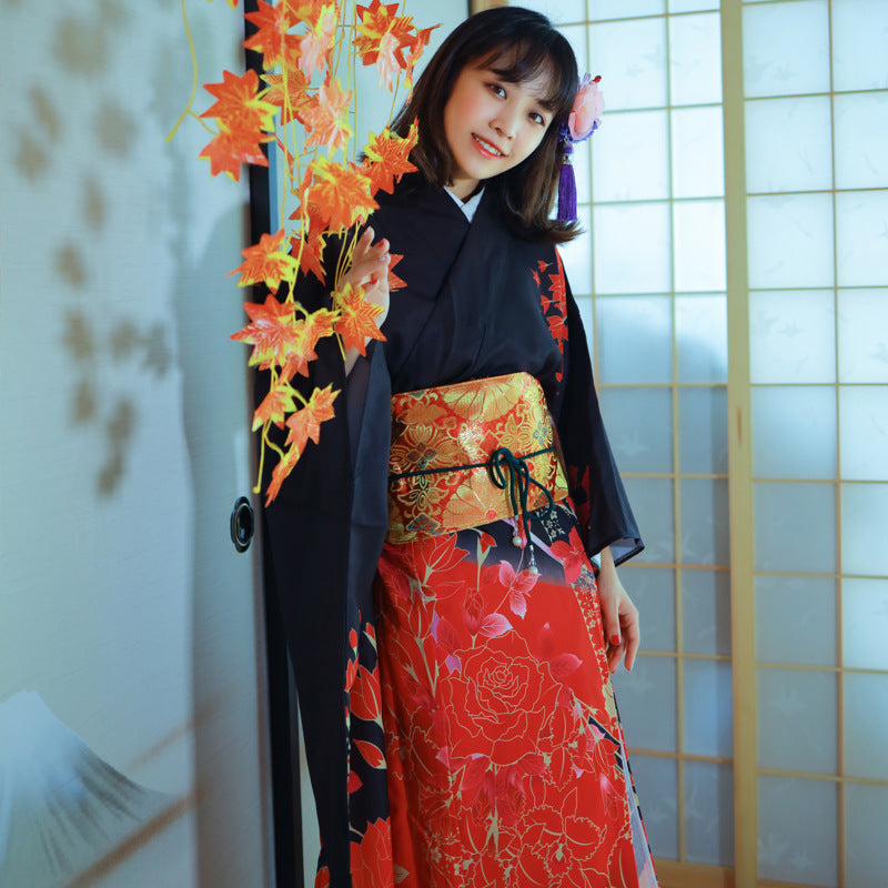 Women Scarlet Yukata and Obi Belt Set