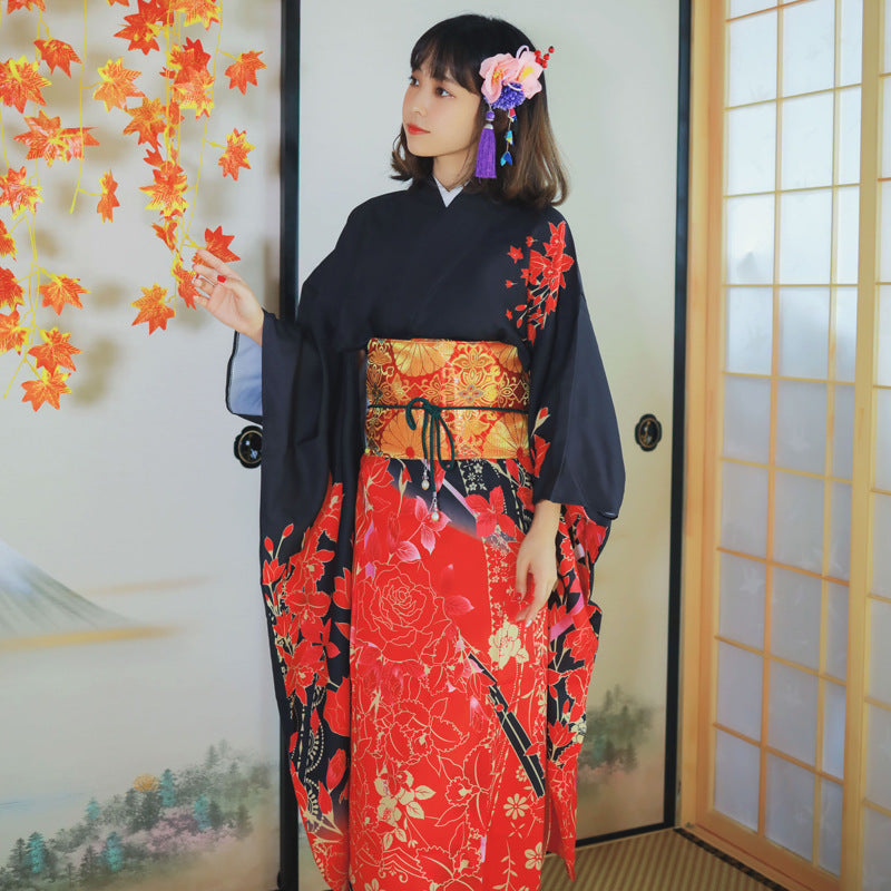 Women Scarlet Yukata and Obi Belt Set