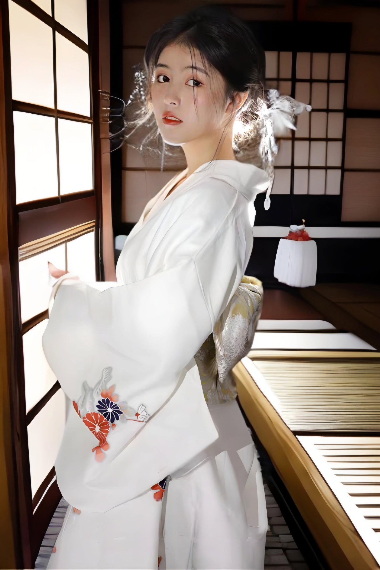 Women Daisy White Yukata Robe and Obi Belt Set