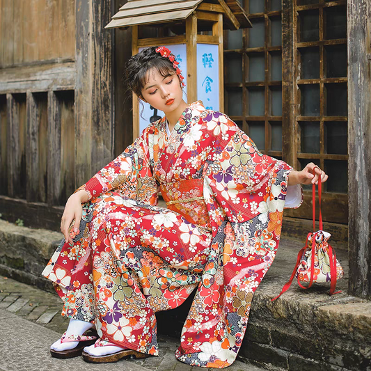 Women Red Blossom Yukata and Obi Belt Set