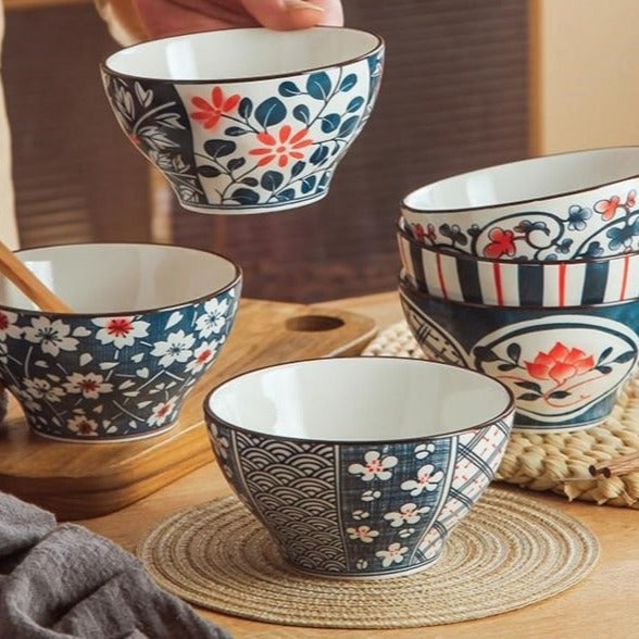 Japanese Floral Rice Bowl 4/6 Piece Set