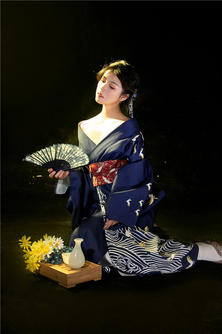 Women Crane & Wave Yukata Robe and Obi Belt Set