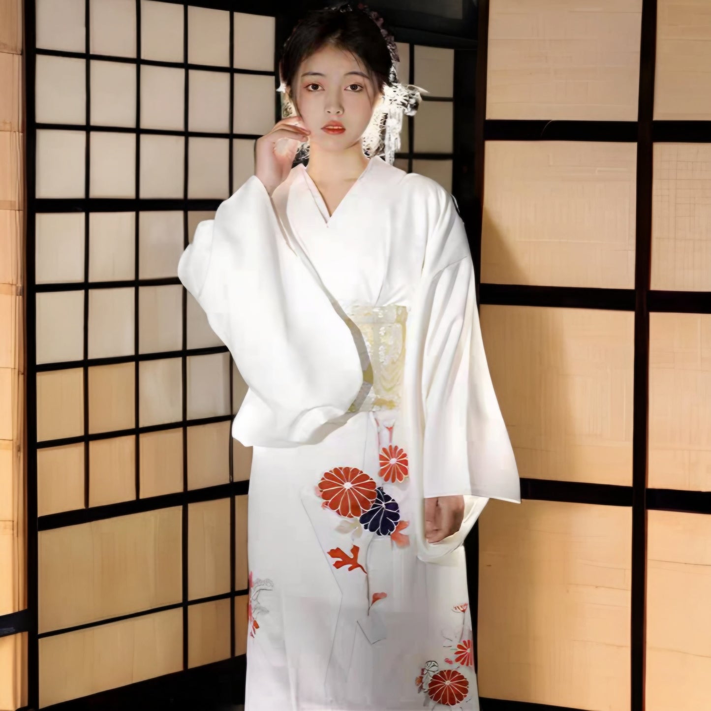Women Daisy White Yukata Robe and Obi Belt Set