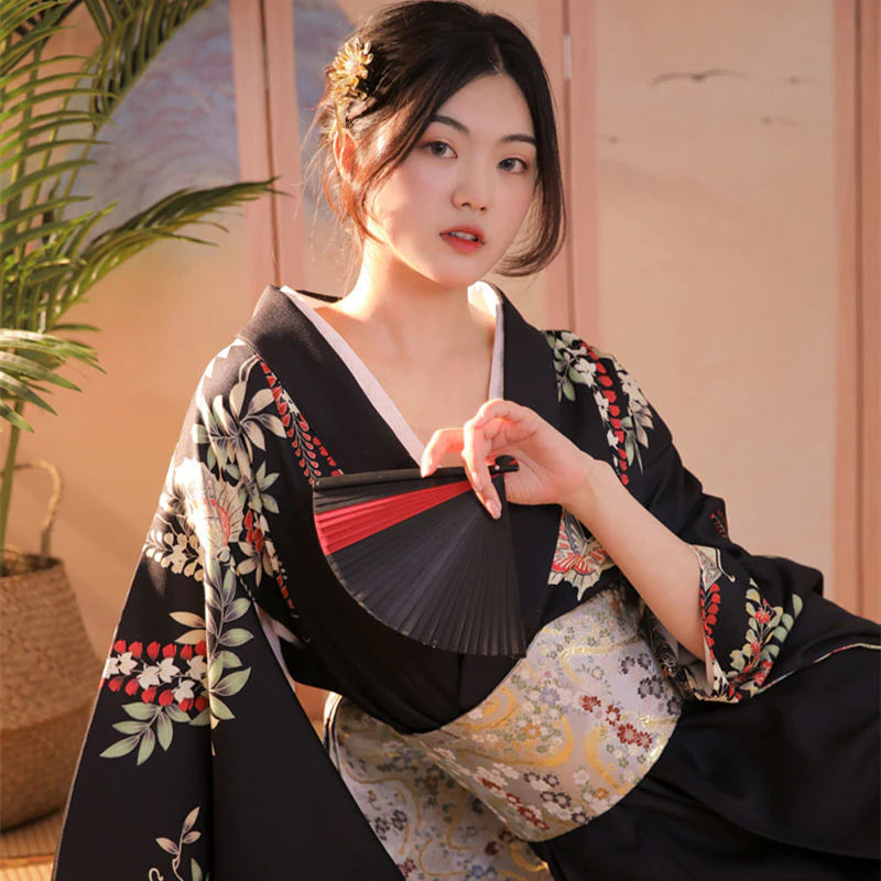 Women Butterfly & Blossom Yukata Robe and Obi Belt Set