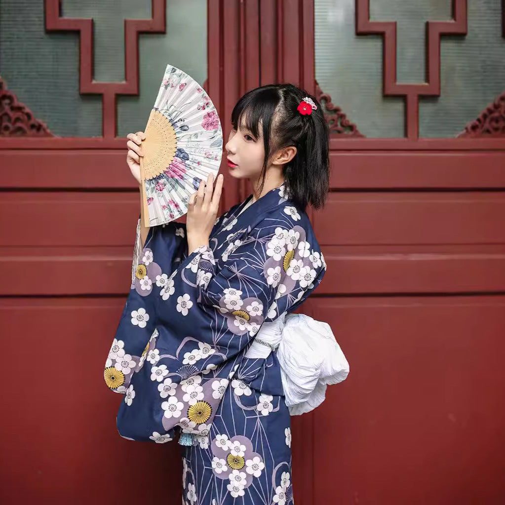 Women Midnight Plum Blossom Yukata and Obi Belt Set