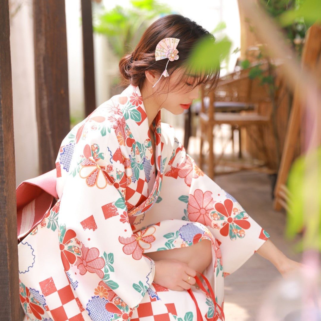 Women Camellia Yukata Robe and Obi Belt Set