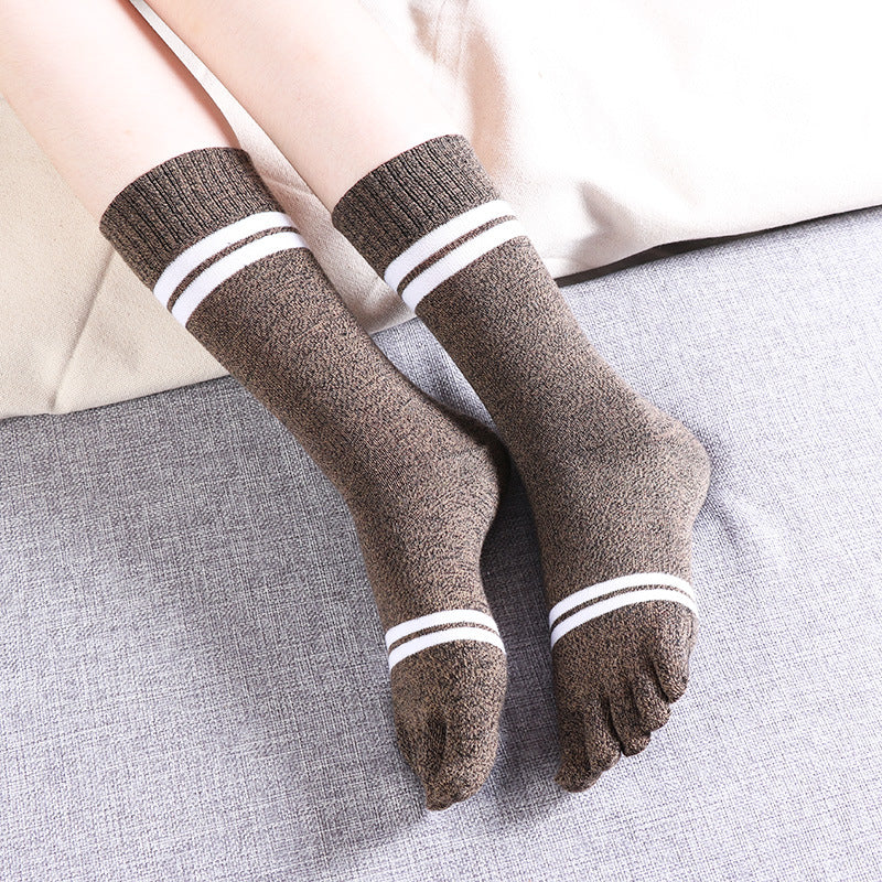 Brown Women Striped Crew Toe Socks