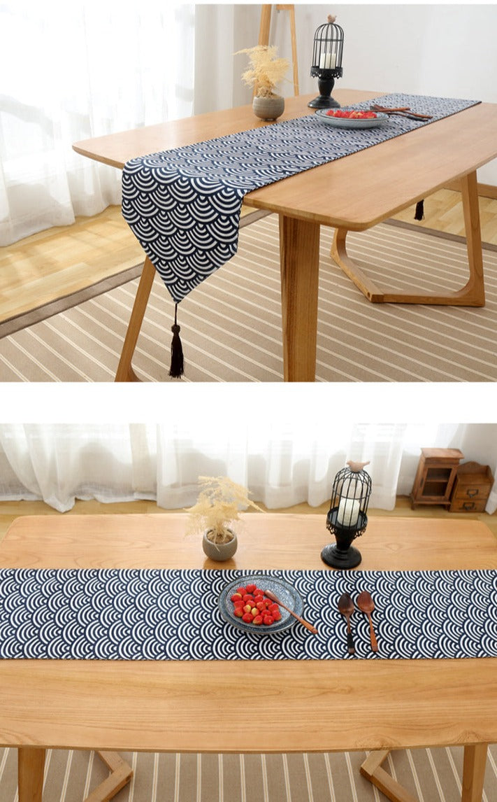 Seigaiha Blue Wave Linen Table Runner