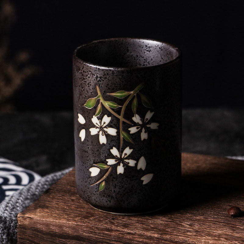 Hand Painted Sakura Black Yunomi Tea Cup