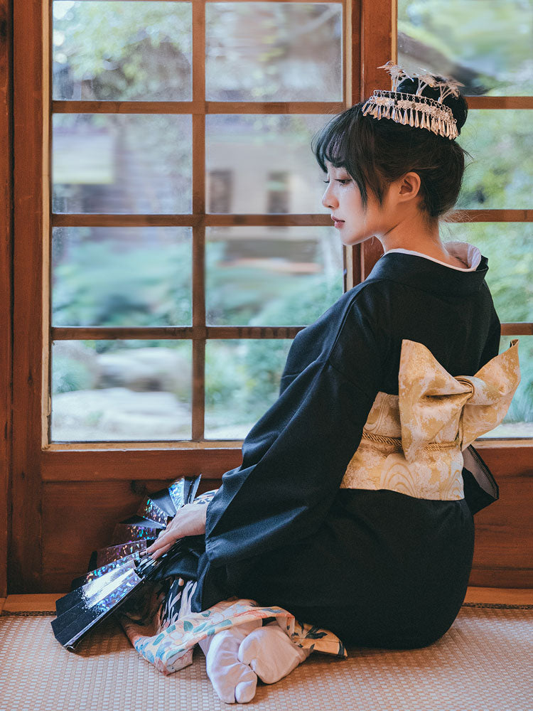 Women Black Blossom Yukata Robe