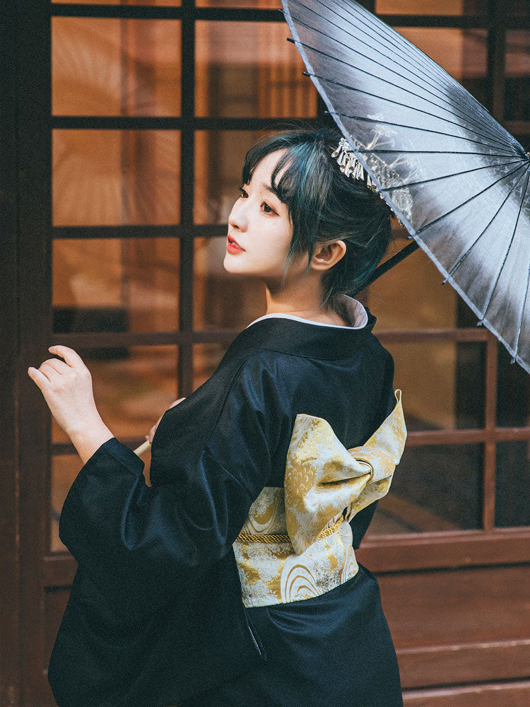 Women Black Blossom Yukata Robe