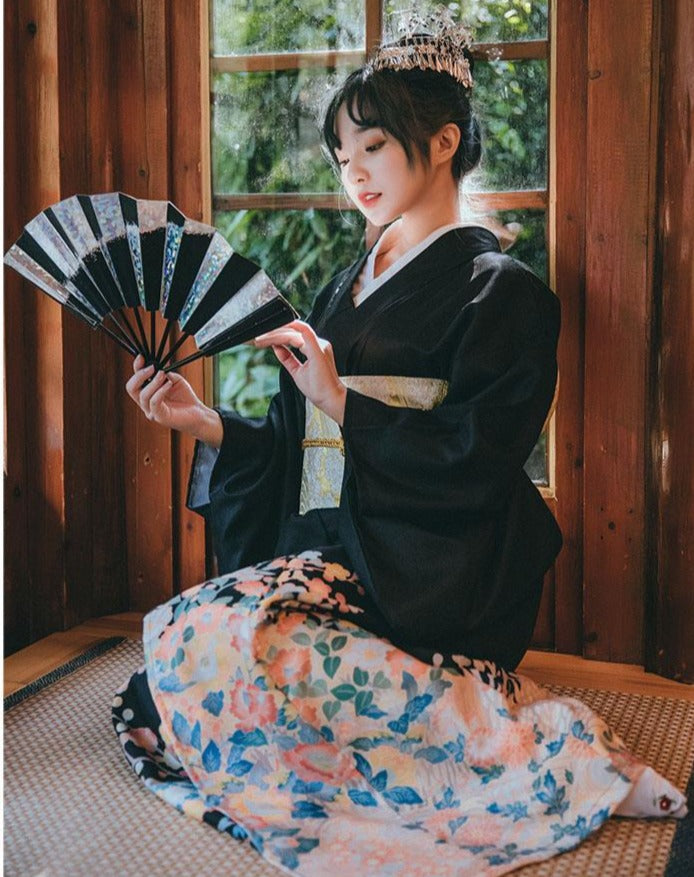 Women Black Blossom Yukata Robe