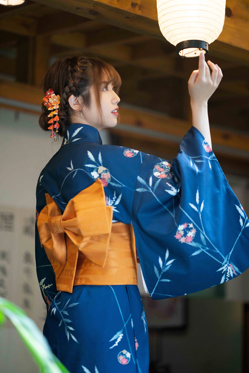 Women Blue Branches Yukata Robe