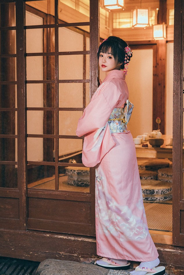 Women Pink Crane Yukata Robe