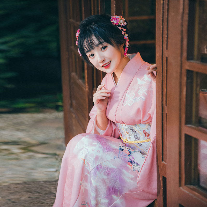 Women Pink Crane Yukata Robe