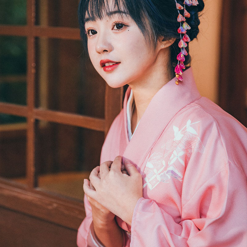 Women Pink Crane Yukata Robe