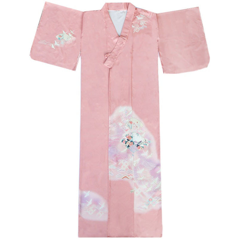 Women Pink Crane Yukata Robe