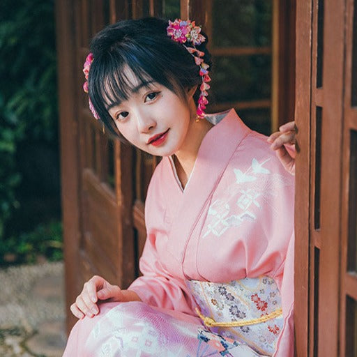 Women Pink Crane Yukata Robe