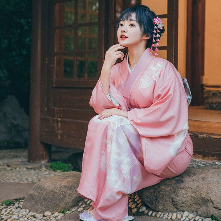 Women Pink Crane Yukata Robe