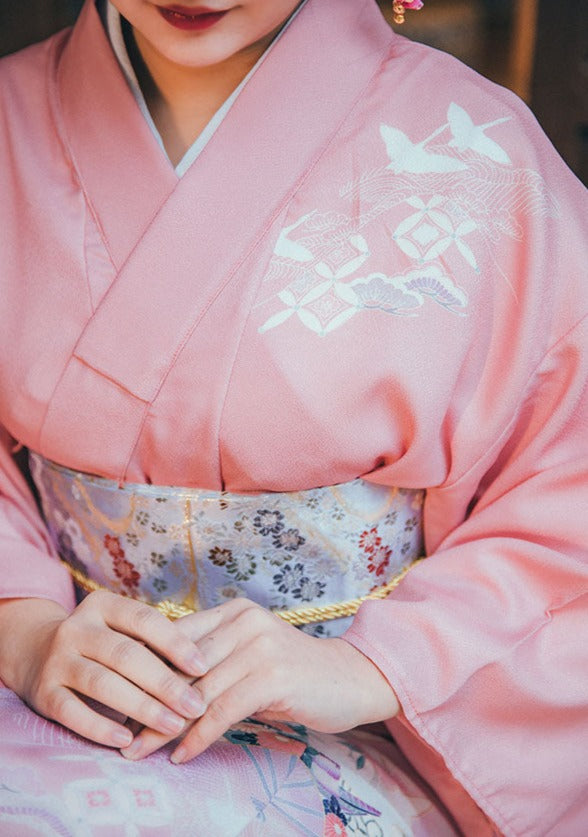 Women Pink Crane Yukata Robe